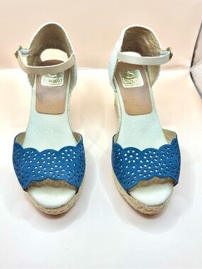 Kanna Blue Suede Perforated Espadrille Wedge Sandals Sz 6 Made in Spain